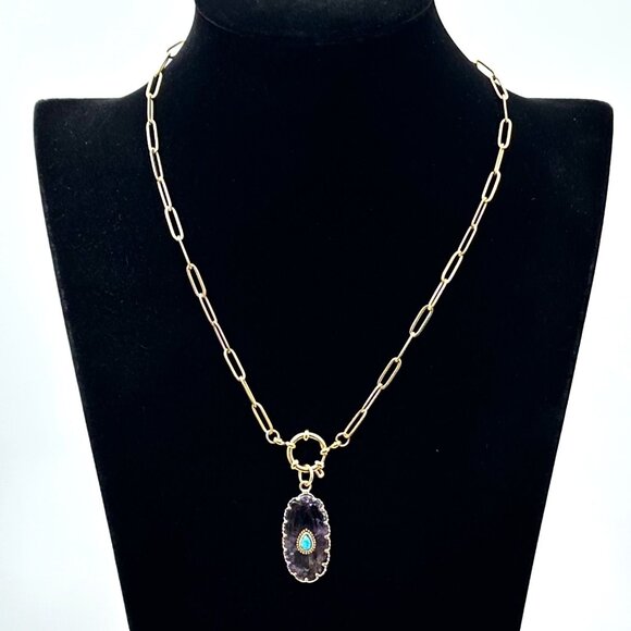 Amethyst Turquoise Gemstone Pendant Necklace 18K Gold Plated Chain 17 Inch - Picture 4 of 9